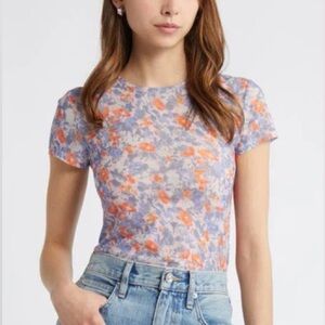 NWT • OPEN EDIT Sheer Short Sleeve Top In Pink Multi Sky Floral
